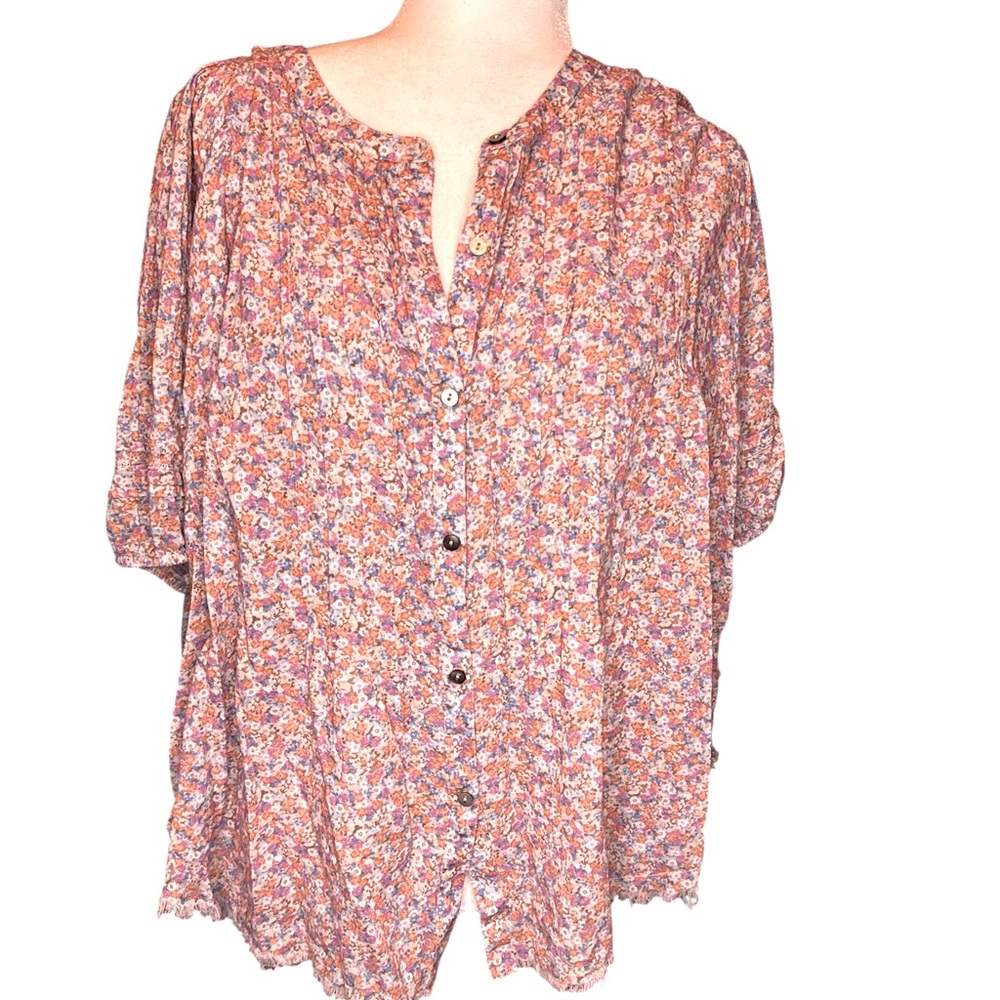 Lucky Brand Floral Button-Front Blouse in Pink and Orange